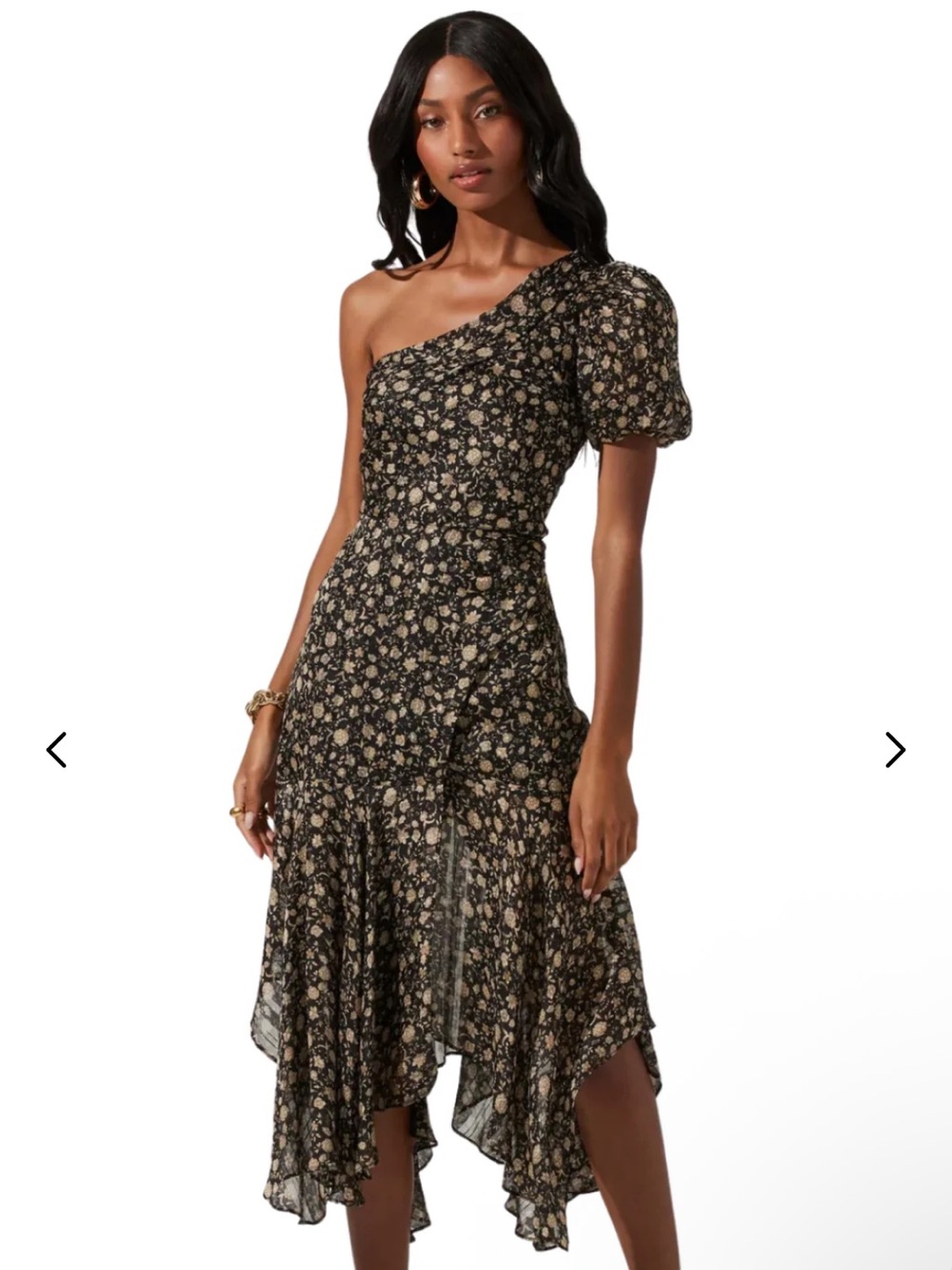 Astr One-Shoulder Black Floral Midi Dress